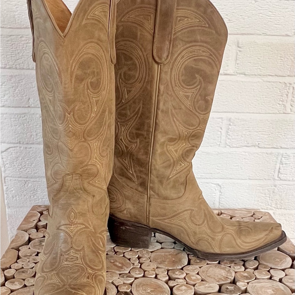 Lane Tan Suede Western Boots Heart Stitch Square Toe Size 9